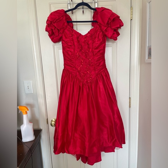 Vintage Precious Moments Red Satin Puff Sleeve Party Dress w/ Lace & Bow 1980s - Picture 1 of 9